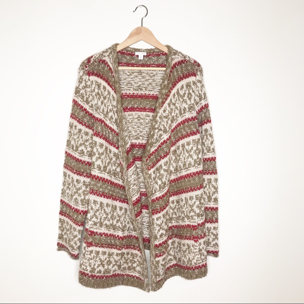 J. Jill Chunky Tan Red Knit Open Cardigan